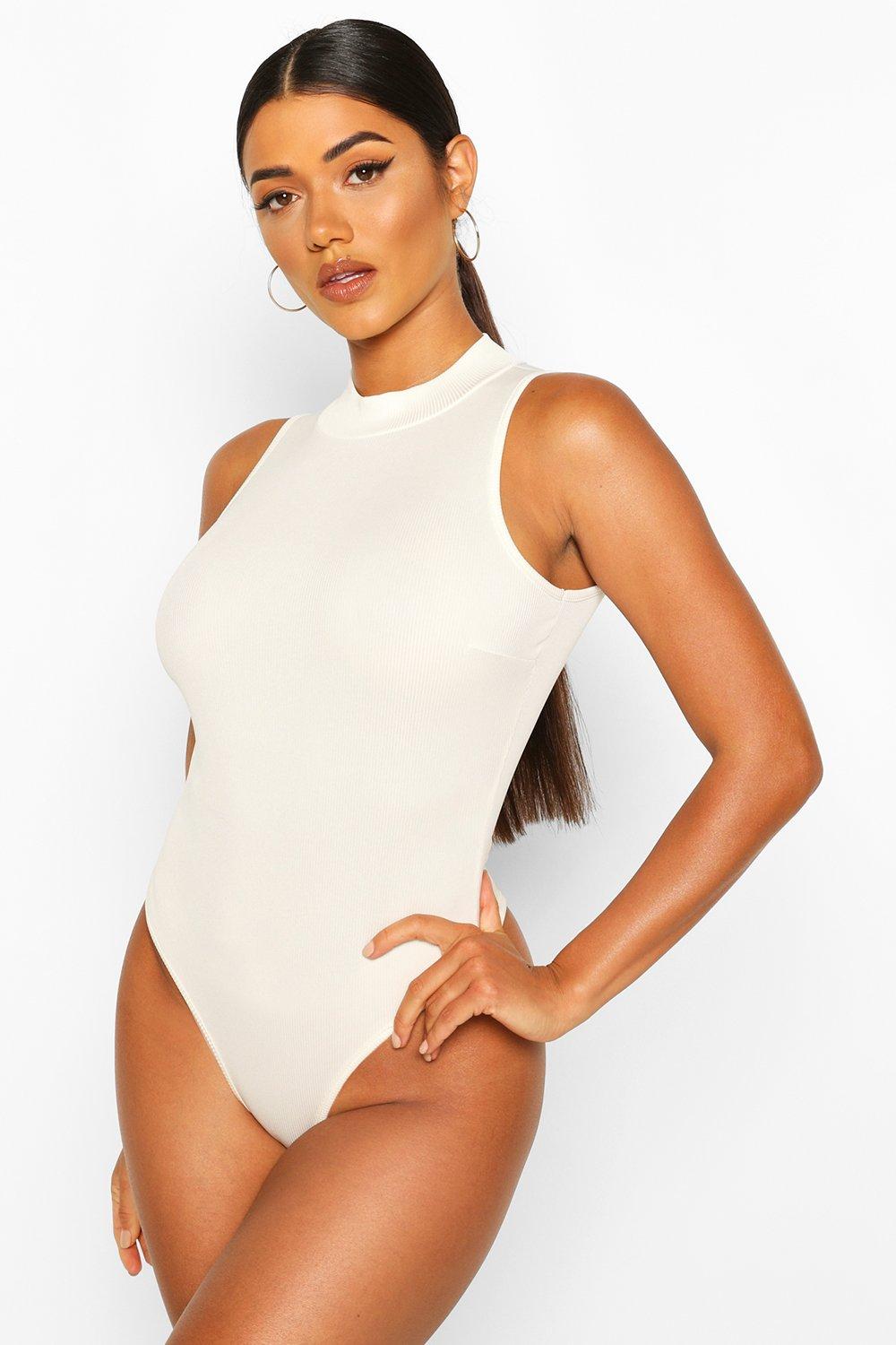 Buy Boohoo Ribbed High Neck Sleeveless Bodysuit Top In White