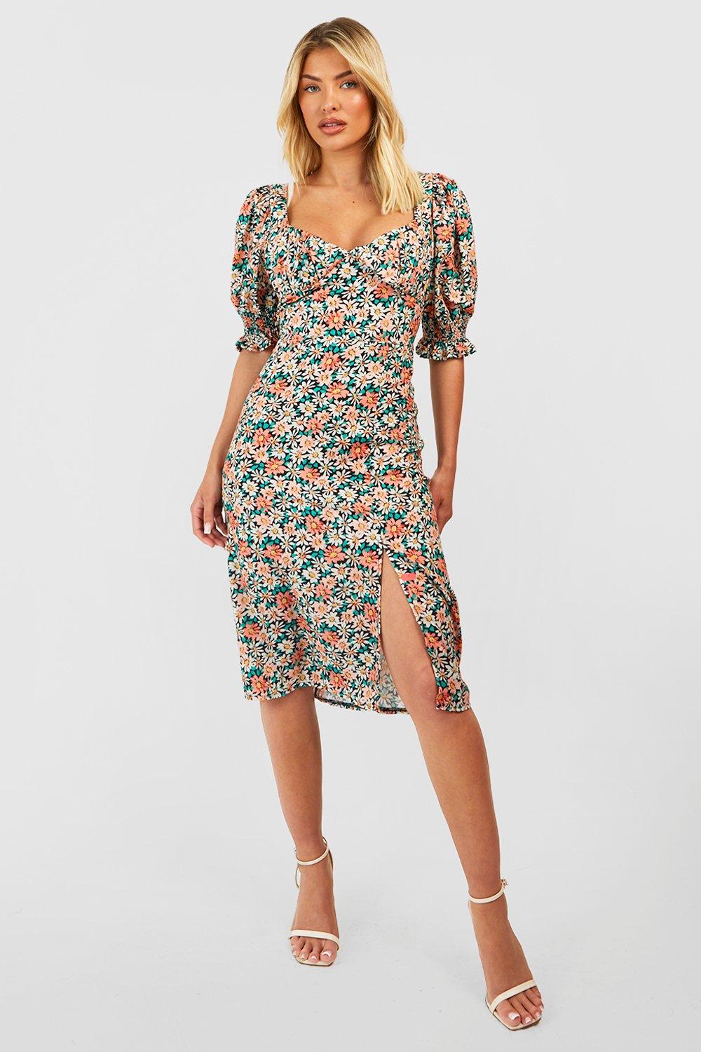 Womens Floral Puff Sleeve Slit Front Midi Dress Boohoo Uk