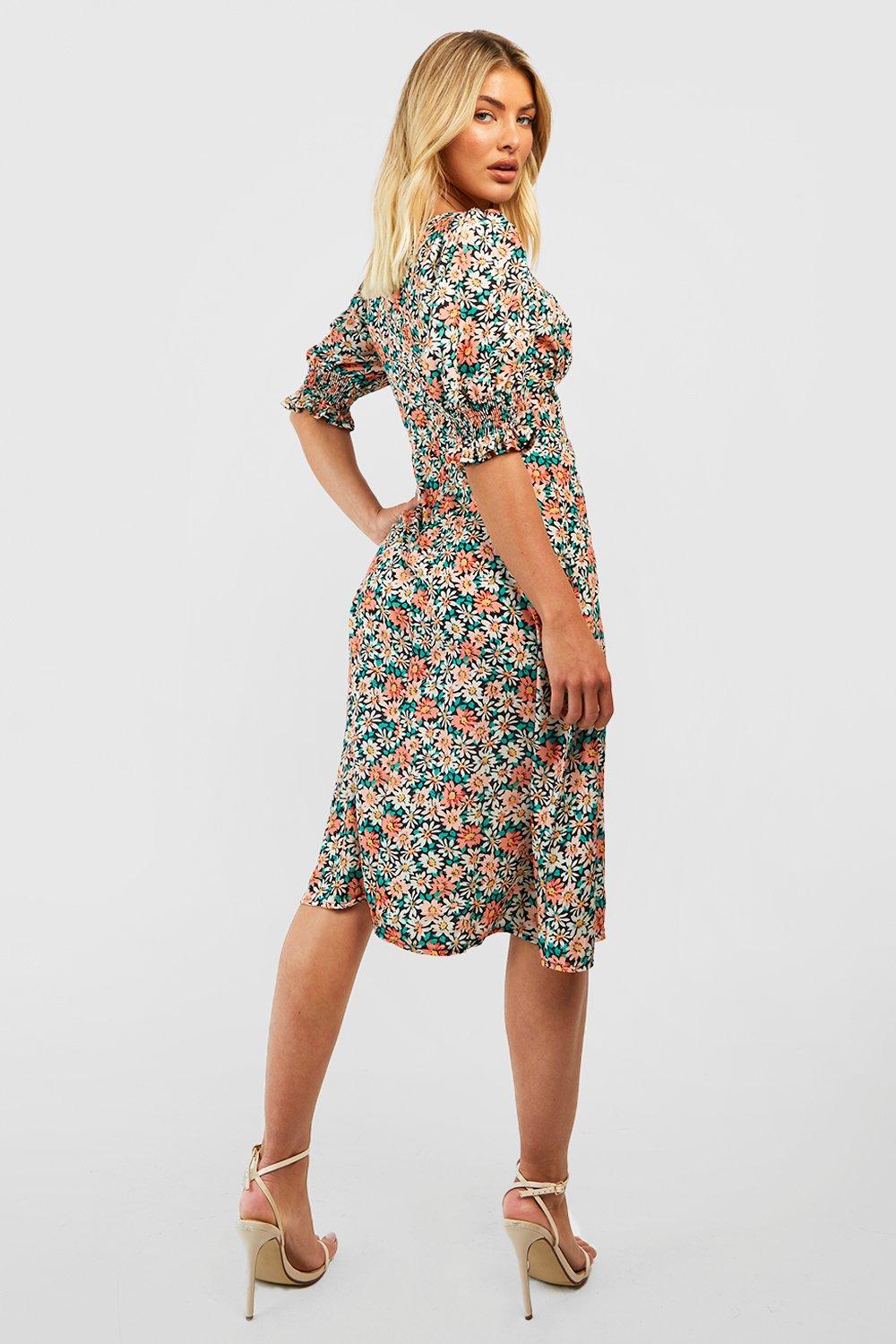 Floral Puff Sleeve Slit Front Midi Dress