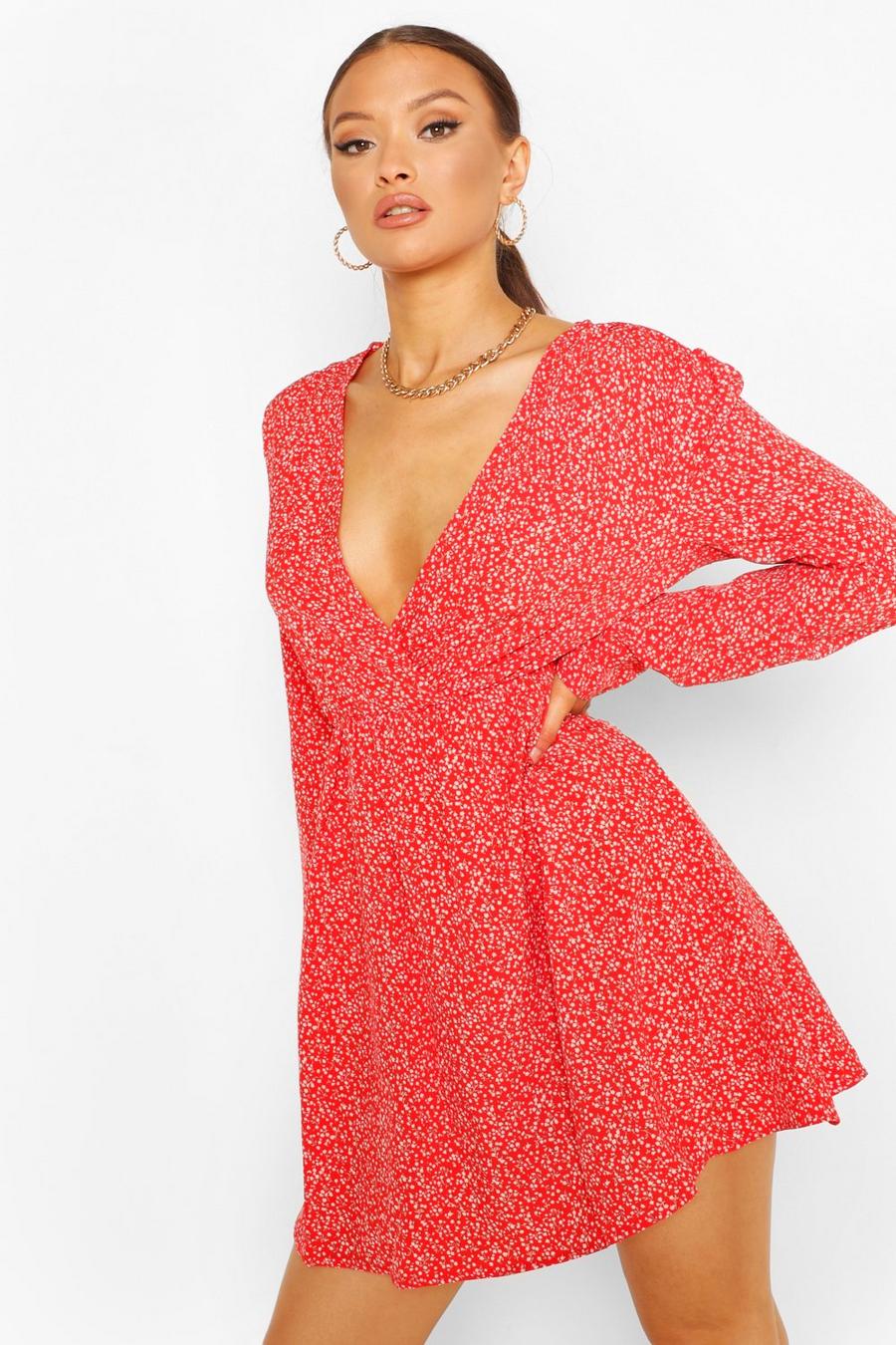 Red Ditsy Floral Wrap Puff Sleeve Skater Dress image number 1