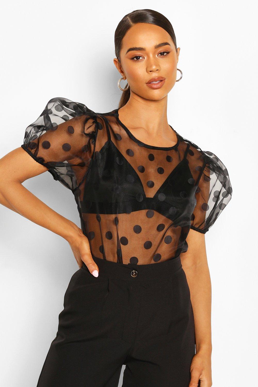 Puff Sleeve Polka Dot Organza Mesh Top 