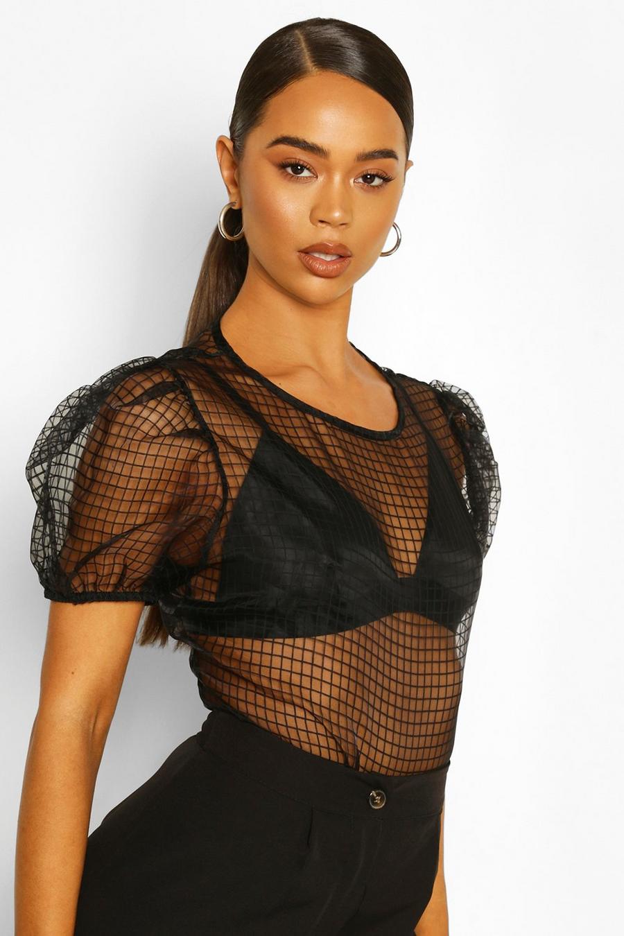 Black Puff Sleeve Check Organza Mesh Top image number 1