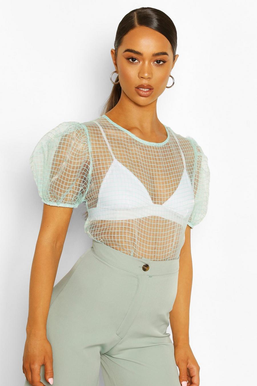 Mint Puff Sleeve Check Organza Mesh Top image number 1