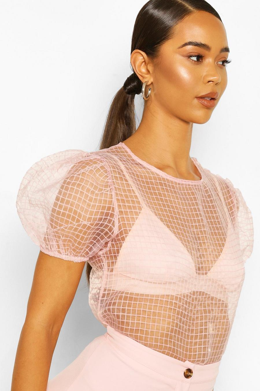 Pink Puff Sleeve Check Organza Mesh Top image number 1