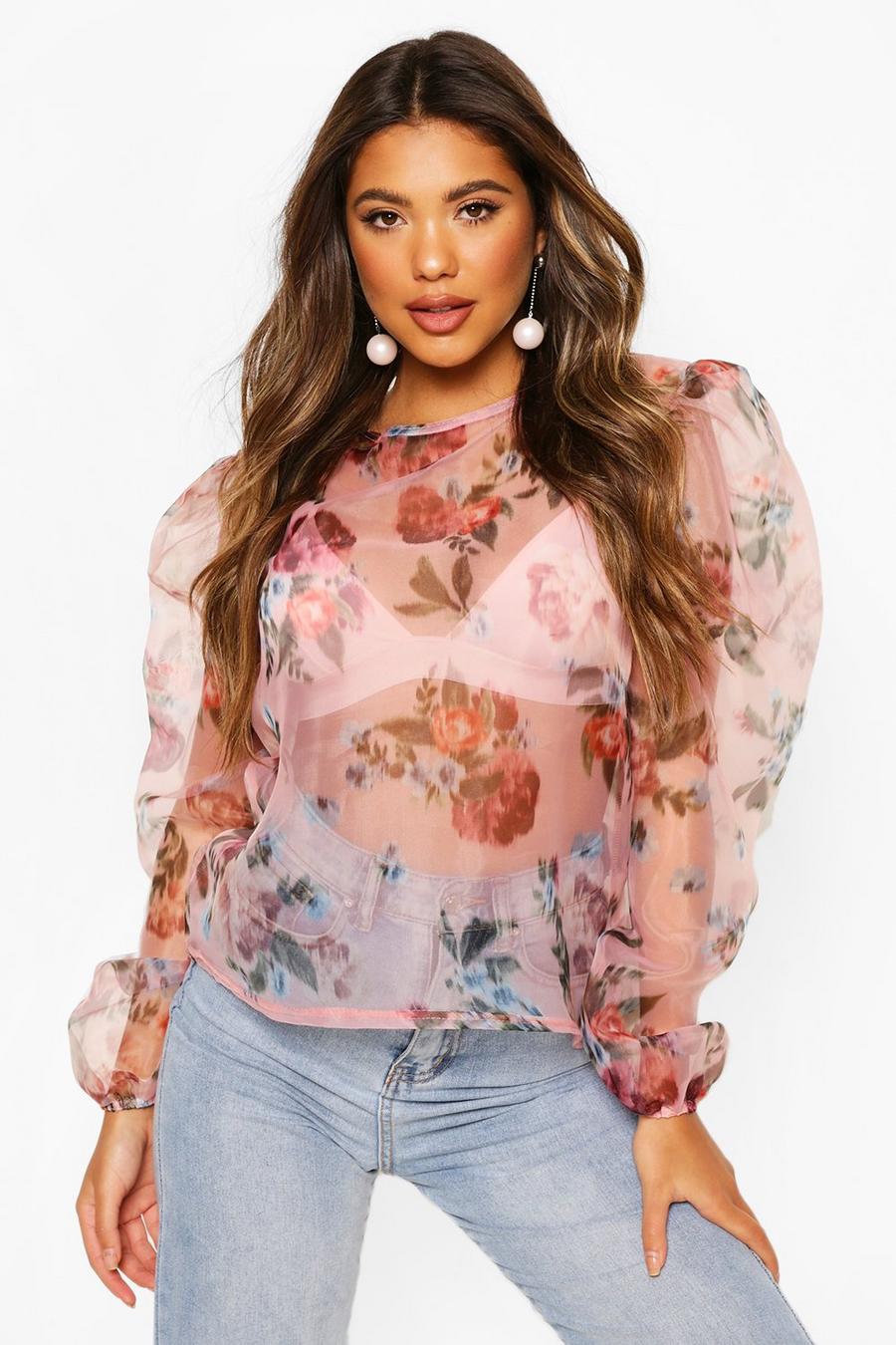 Pink Blurred Floral Organza Mesh Puff Sleeve Top image number 1