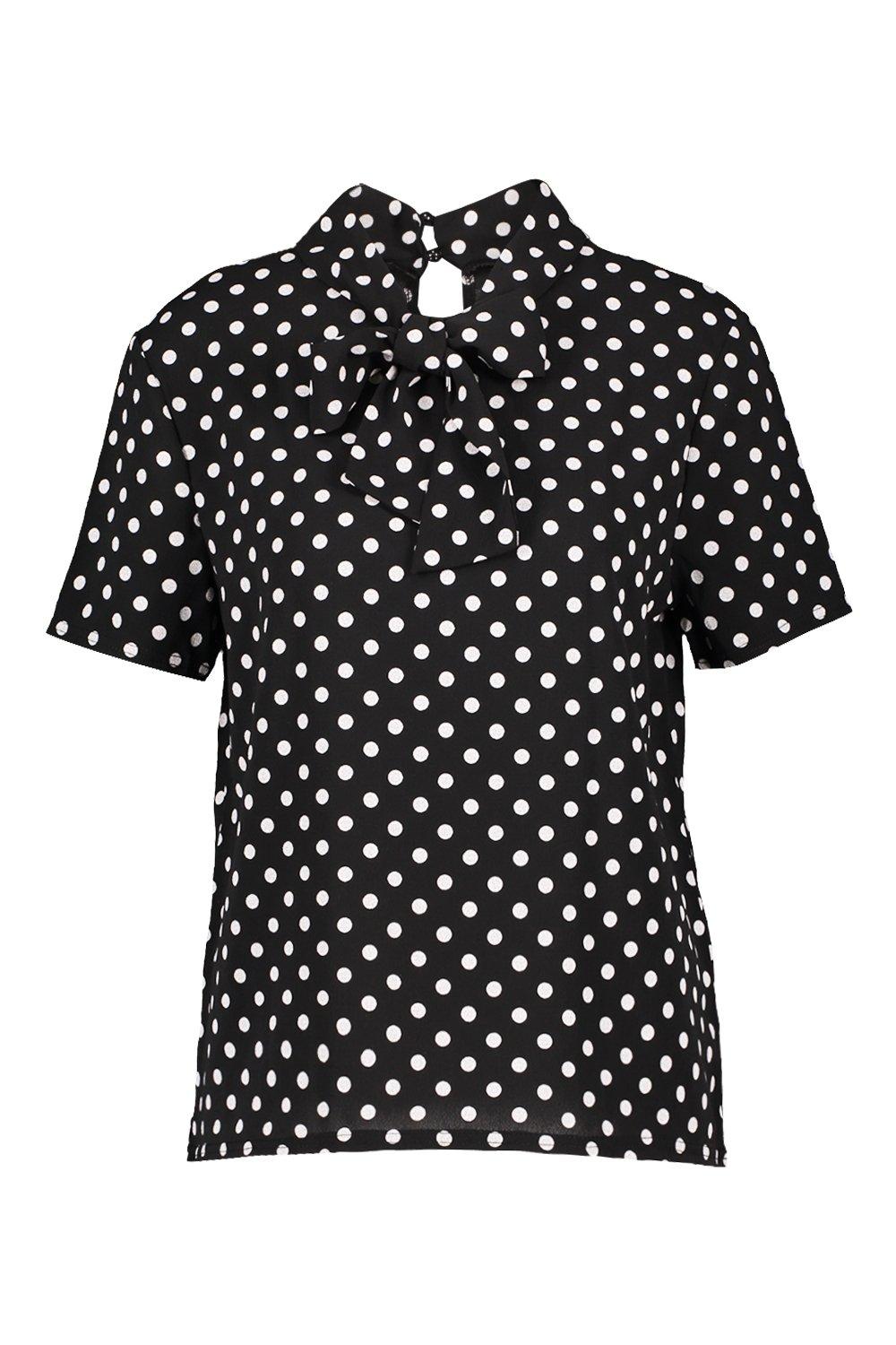 Polka Dot Pussybow Short Sleeve Blouse boohoo