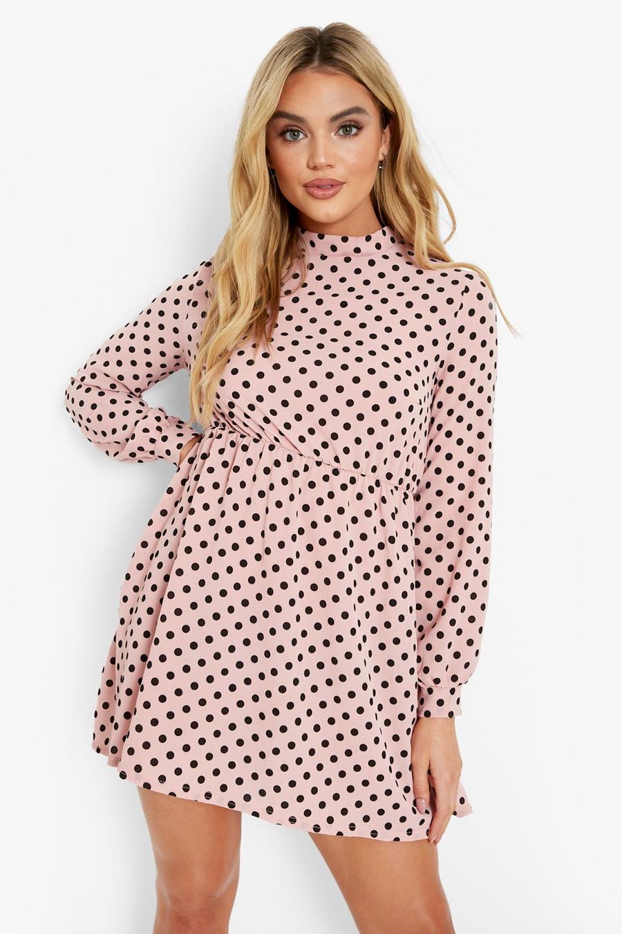 Peach High Neck Polka Dot Skater Dress image number 1