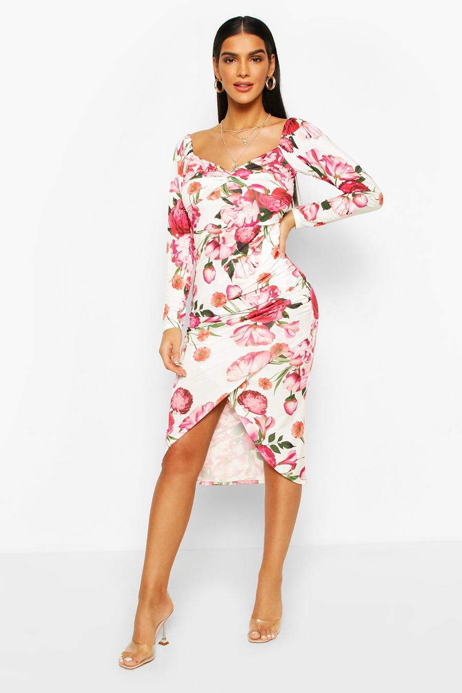 Floral Knot Front Rouche SIde Midi Dress image number 1