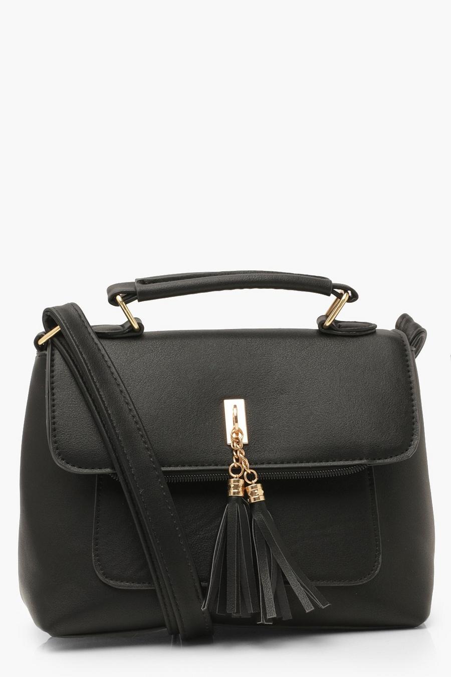 Black Smooth PU Tassel Detail Cross Body Bag