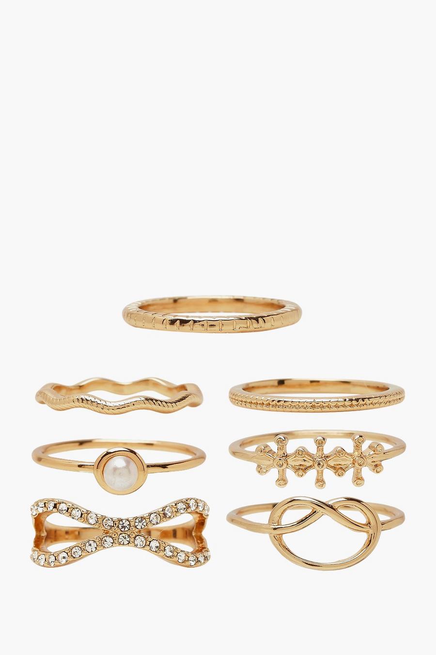 Gold metallic Knot And Textured Stacking Ring 7 Pack image number 1