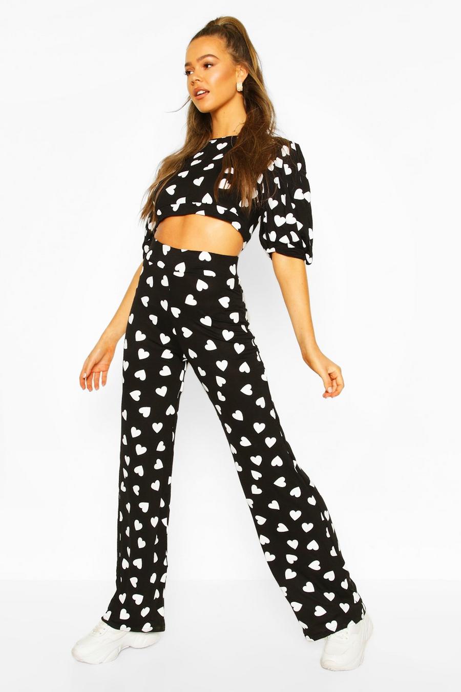 Heart Print Puff Sleeve Top & Pants Co-Ord image number 1
