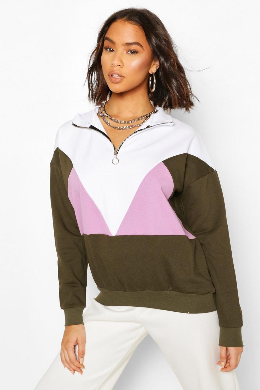 Sweatshirt med blockfärger och kort dragkedja image number 1