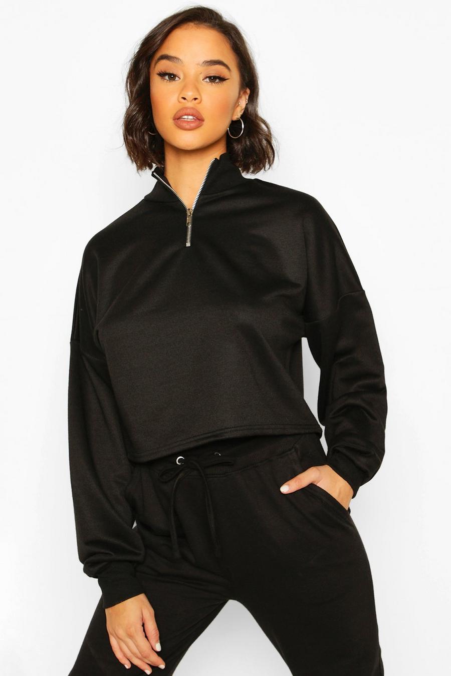 Hochgeschlossenes, geripptes kurzes Sweatshirt mit Reißverschluss, Schwarz image number 1
