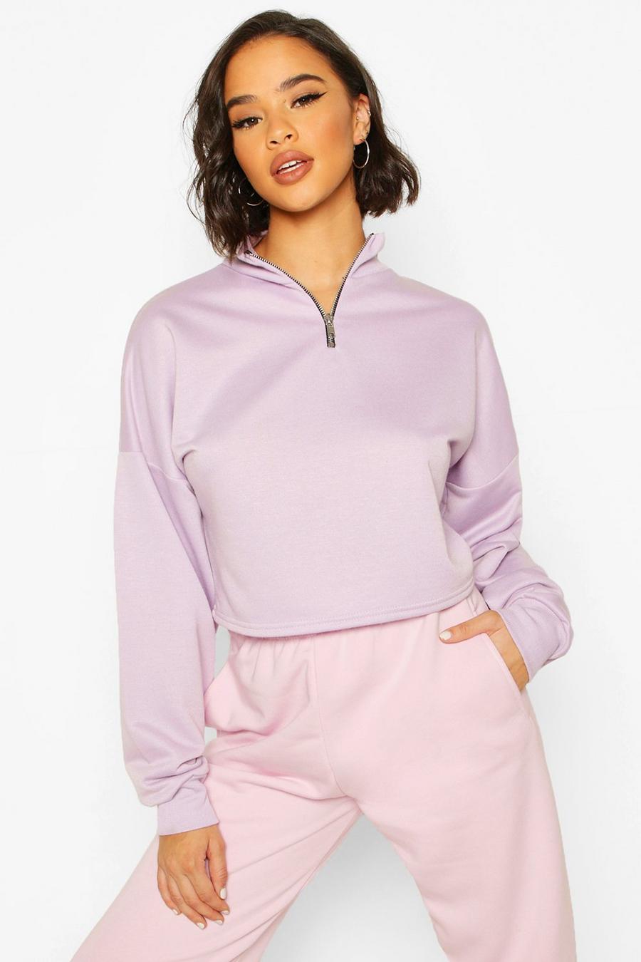 Lilac Rib High Neck Zip Crop Sweatshirt image number 1