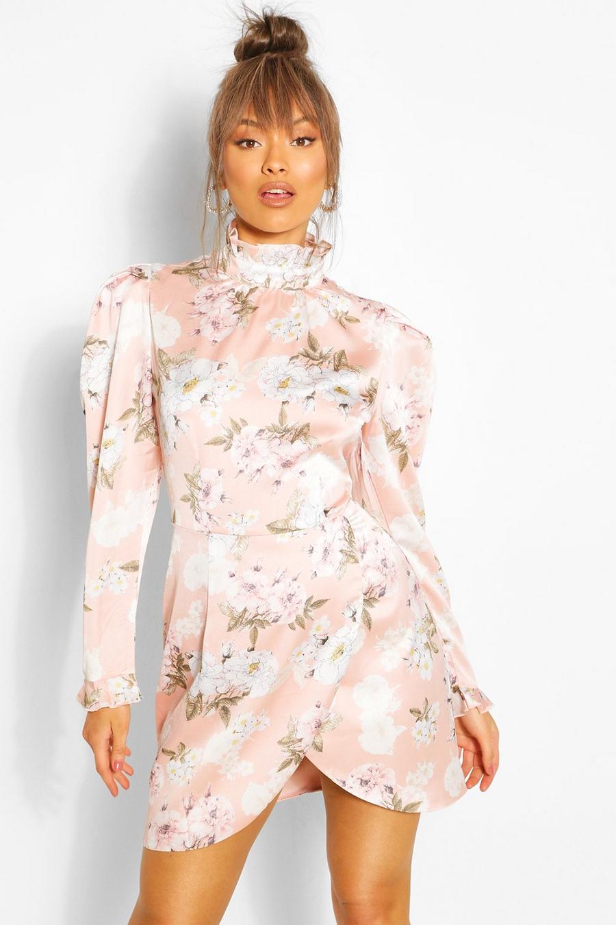 Blush pink Floral Puff Sleeve Ruffle Collar Mini Dress image number 1