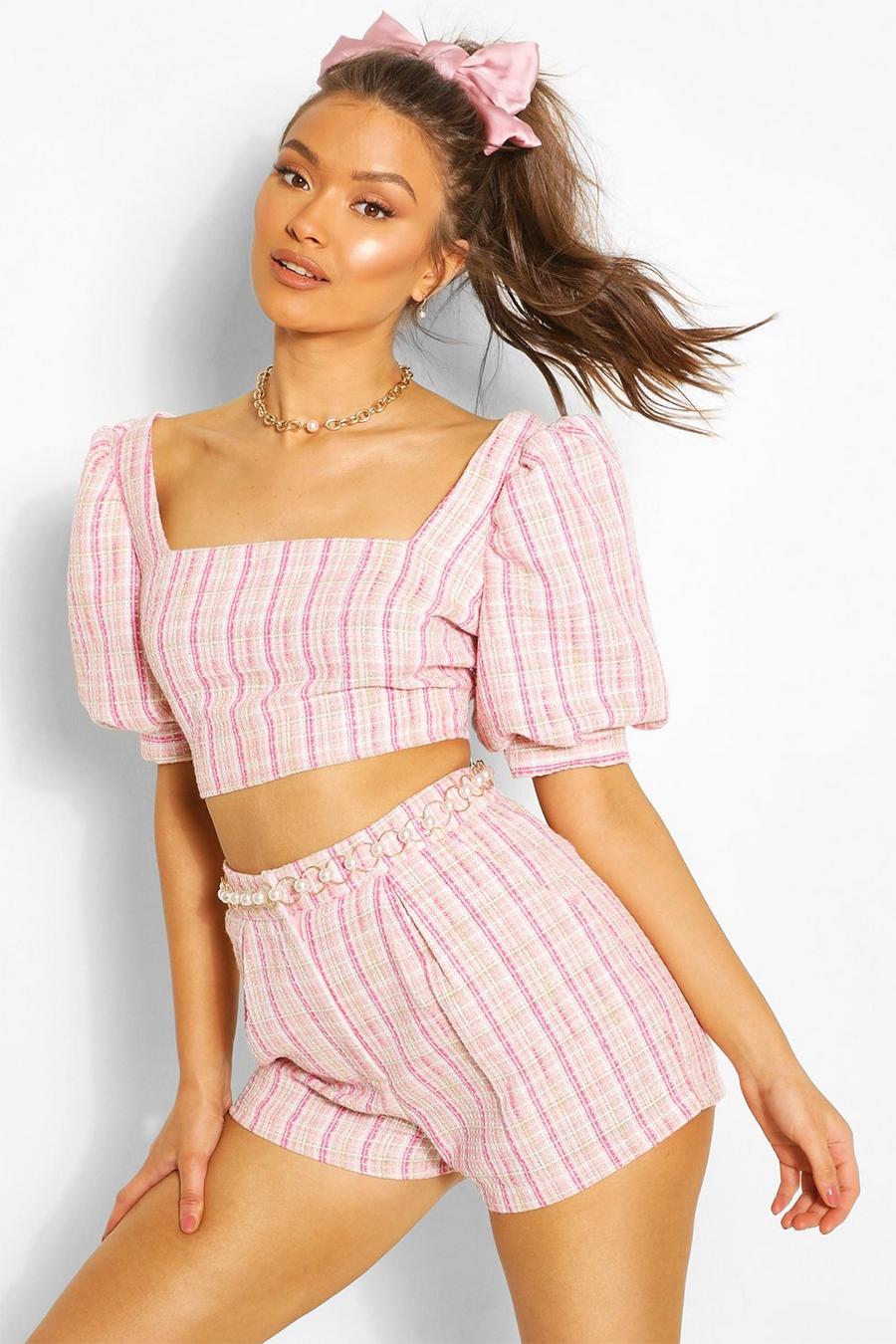 Checked Textured Puff Sleeve Crop Top image number 1