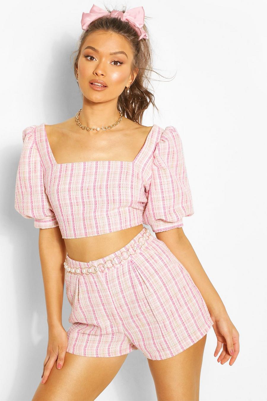 Pink Check Textured Tailored Shorts image number 1