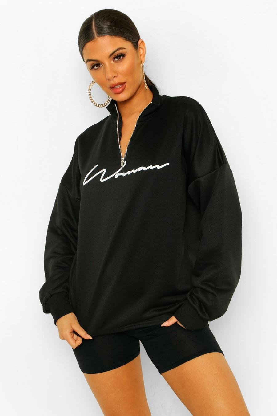 Black Woman Slogan Rib Neck Zip Sweatshirt image number 1