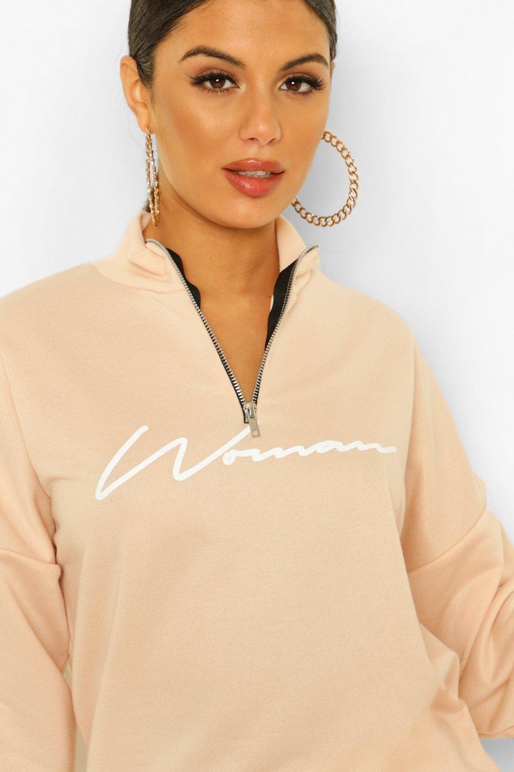 Sudadera con cremallera y cuello en canal con eslogan Woman