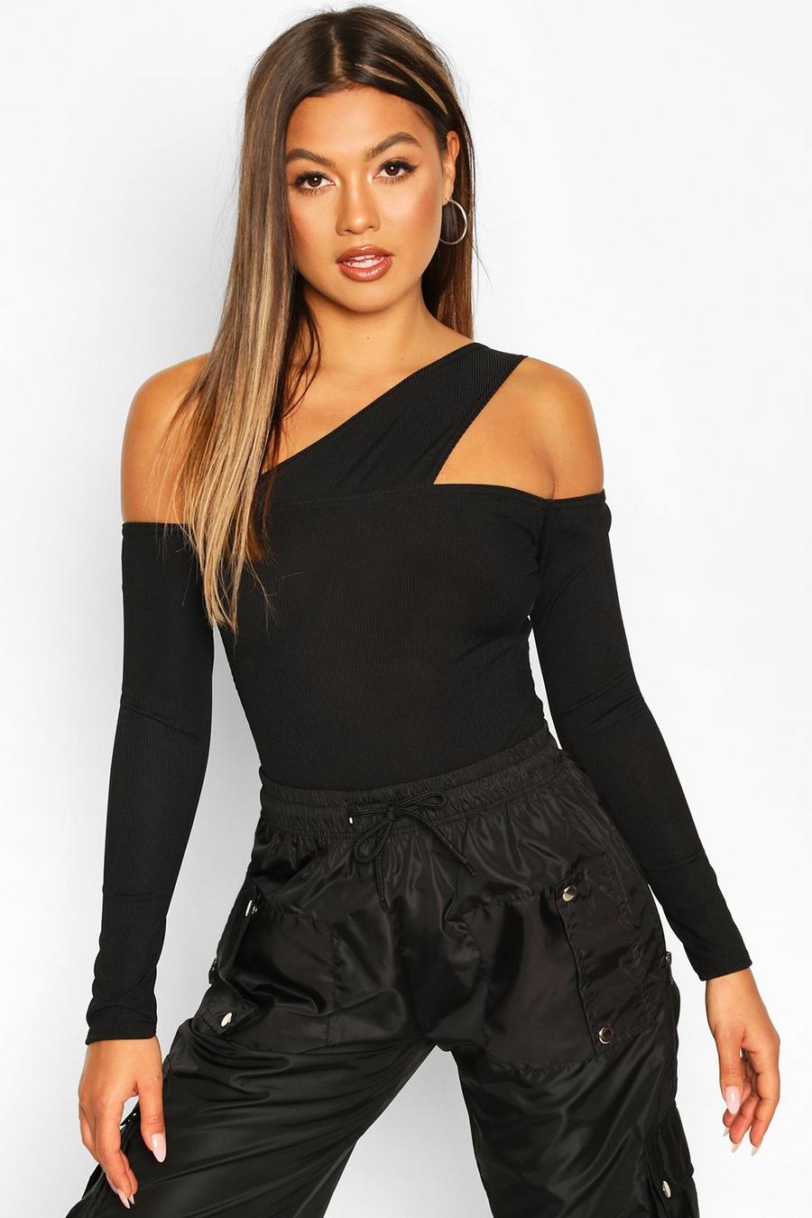 Black Ribbed Cut Out Long Sleeve Bodysuit image number 1