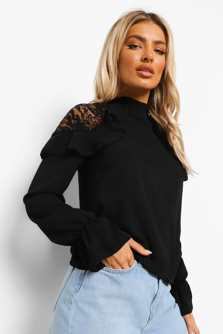 Black Woven Ruffle Lace Detail Blouse image number 1