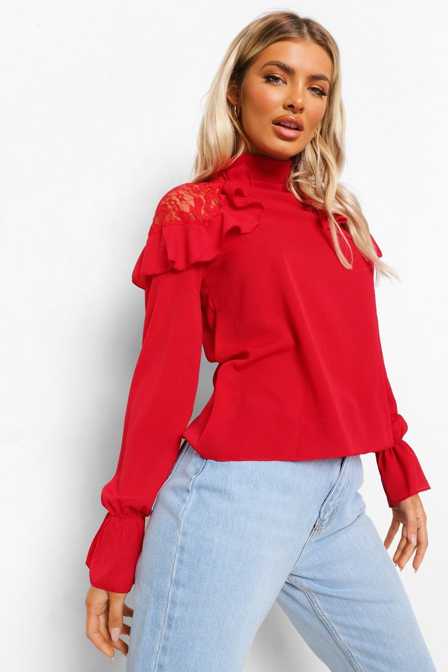 Red röd Woven Ruffle Lace Detail Blouse