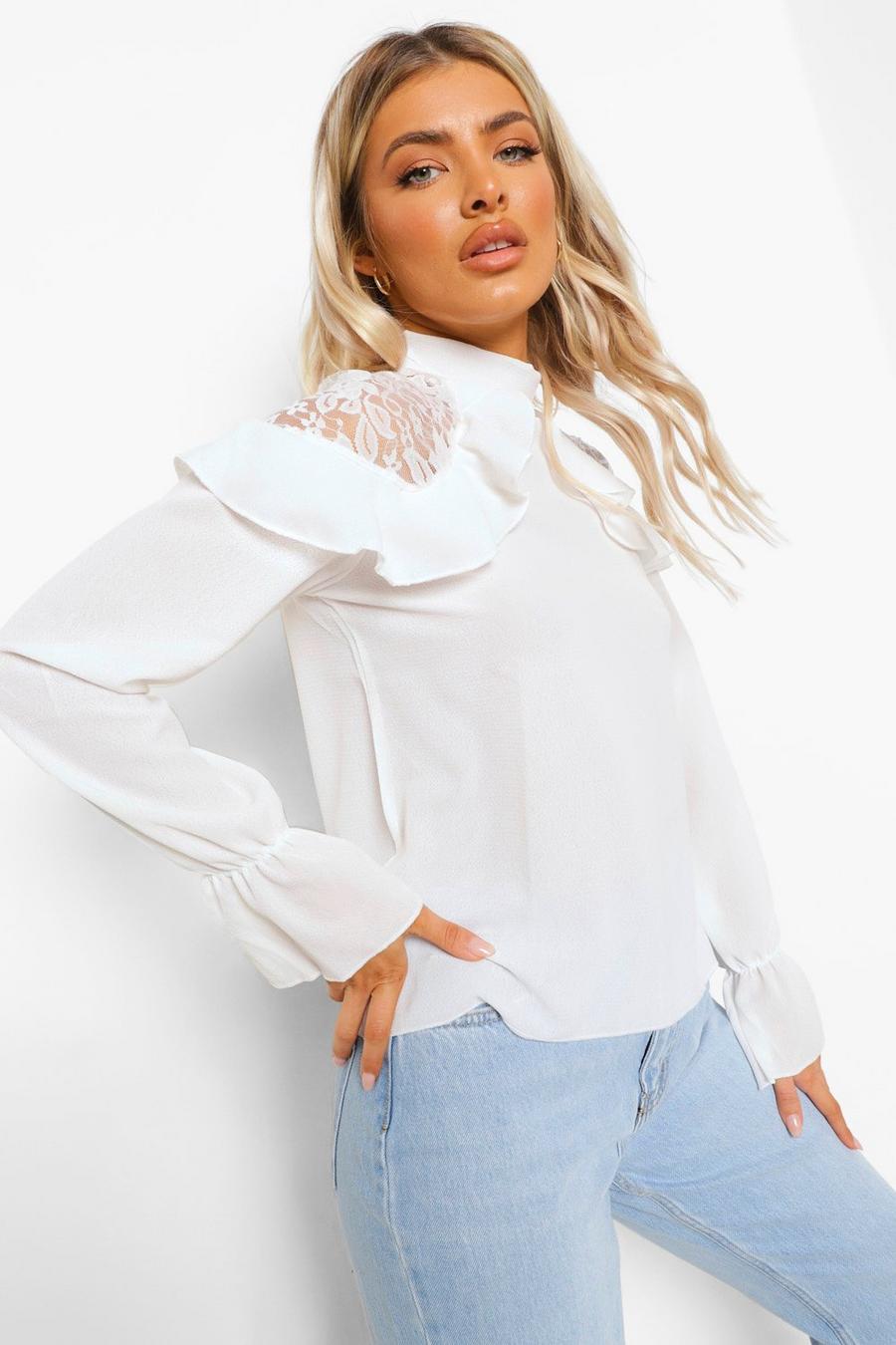 White Woven Ruffle Lace Detail Blouse image number 1