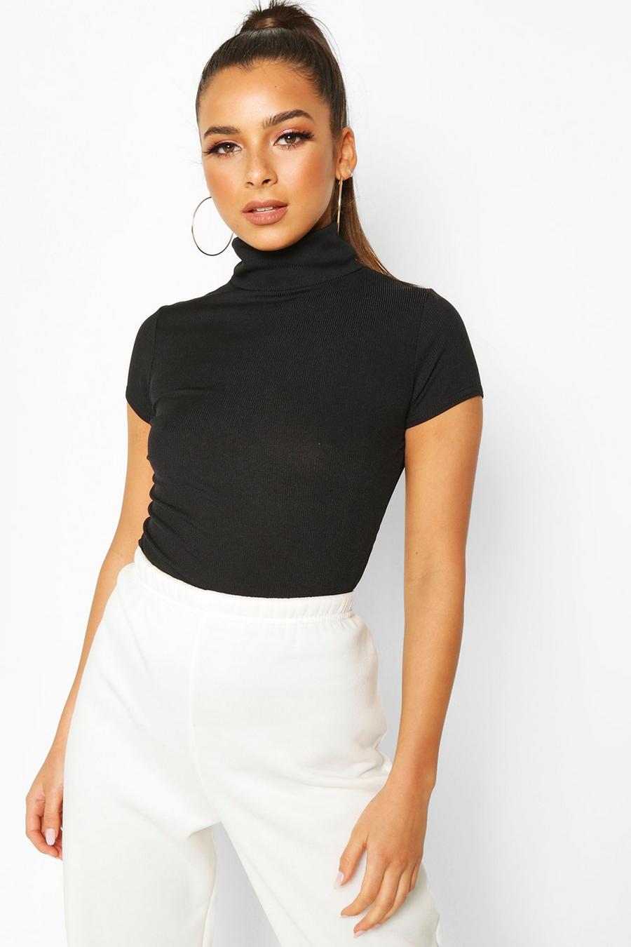 Black Rib Roll Neck Cap Sleeve Top image number 1