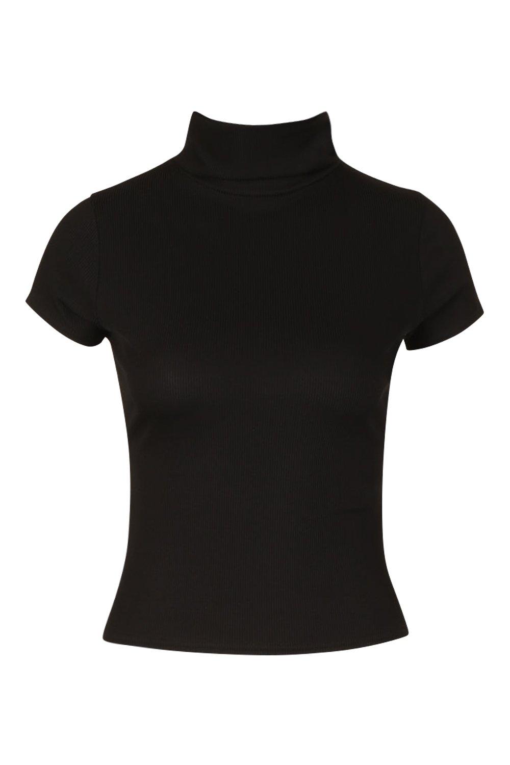 Women s Black Rib Roll Neck Cap Sleeve Top Boohoo UK