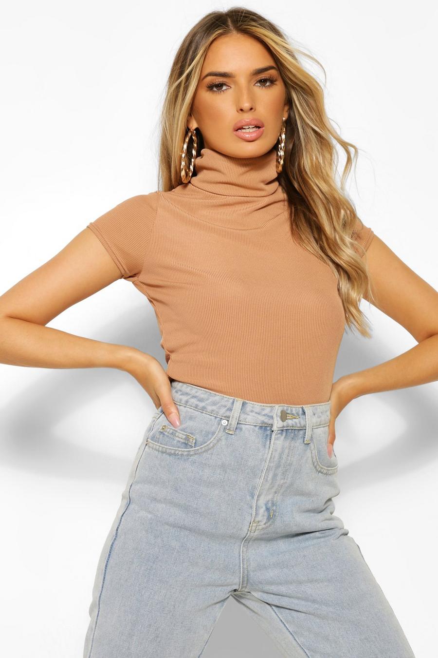 Camel Rib Roll Neck Cap Sleeve Top image number 1