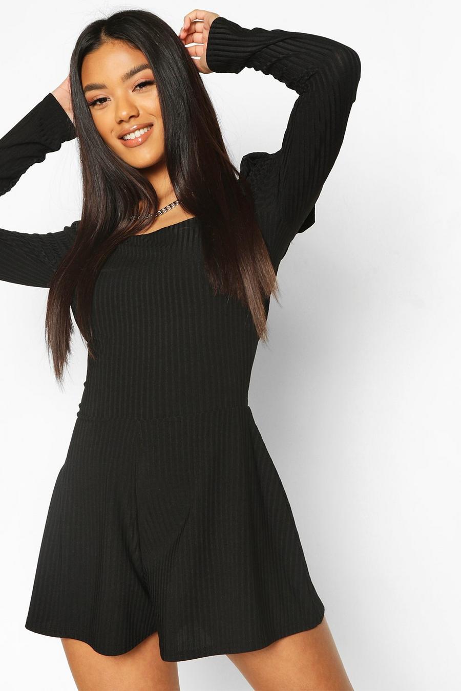 Puff Sleeve Square Neck Ribbed Playsuit image number 1