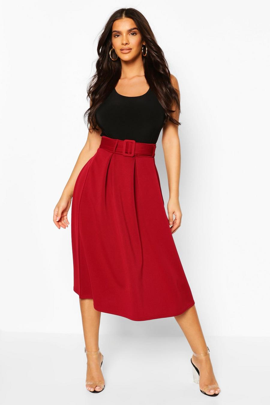 Berry Self Fabric Belted Pleat Midi Skirt image number 1