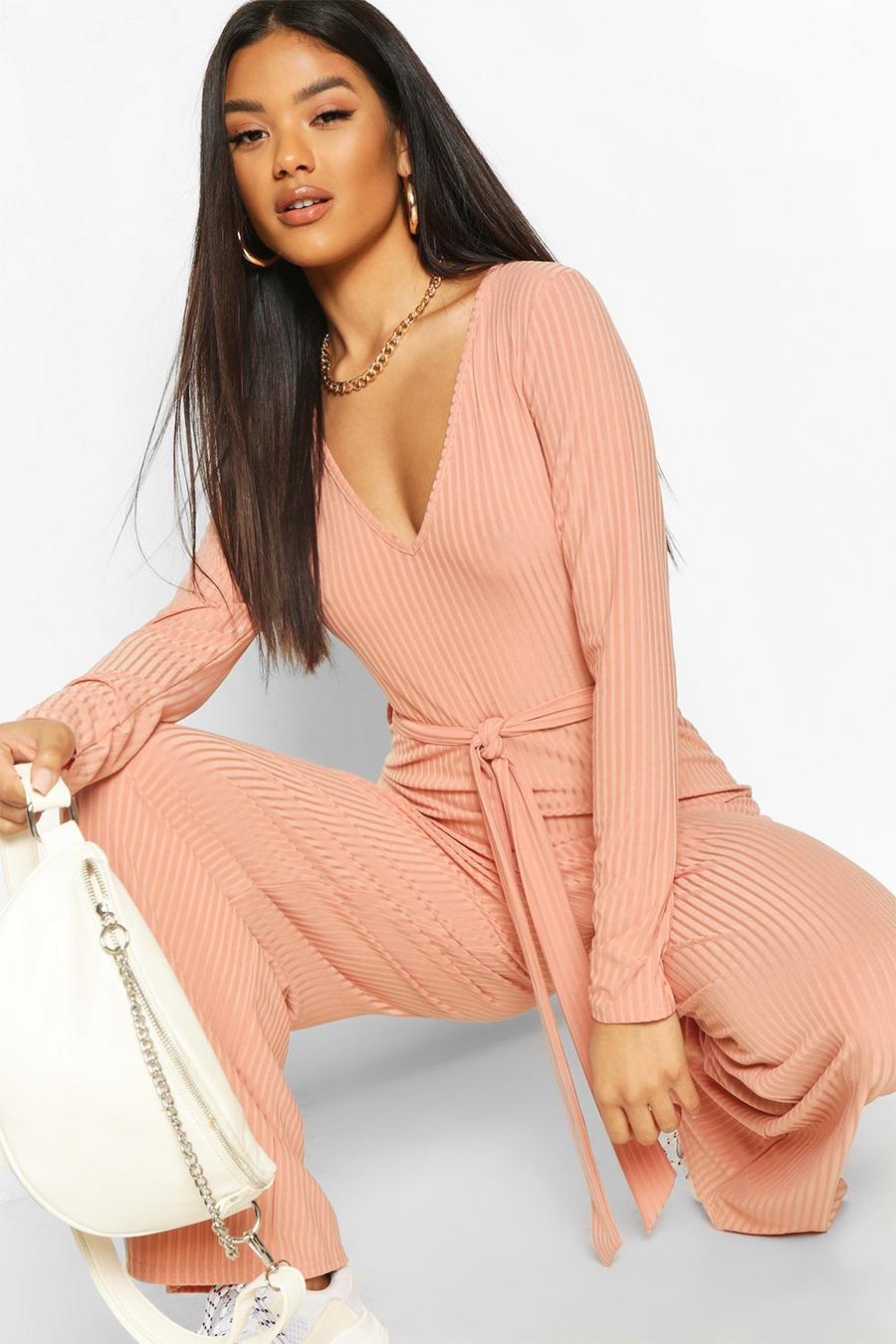 Apricot Ribbed Long Sleeve Tie Waist Jumpsuit image number 1