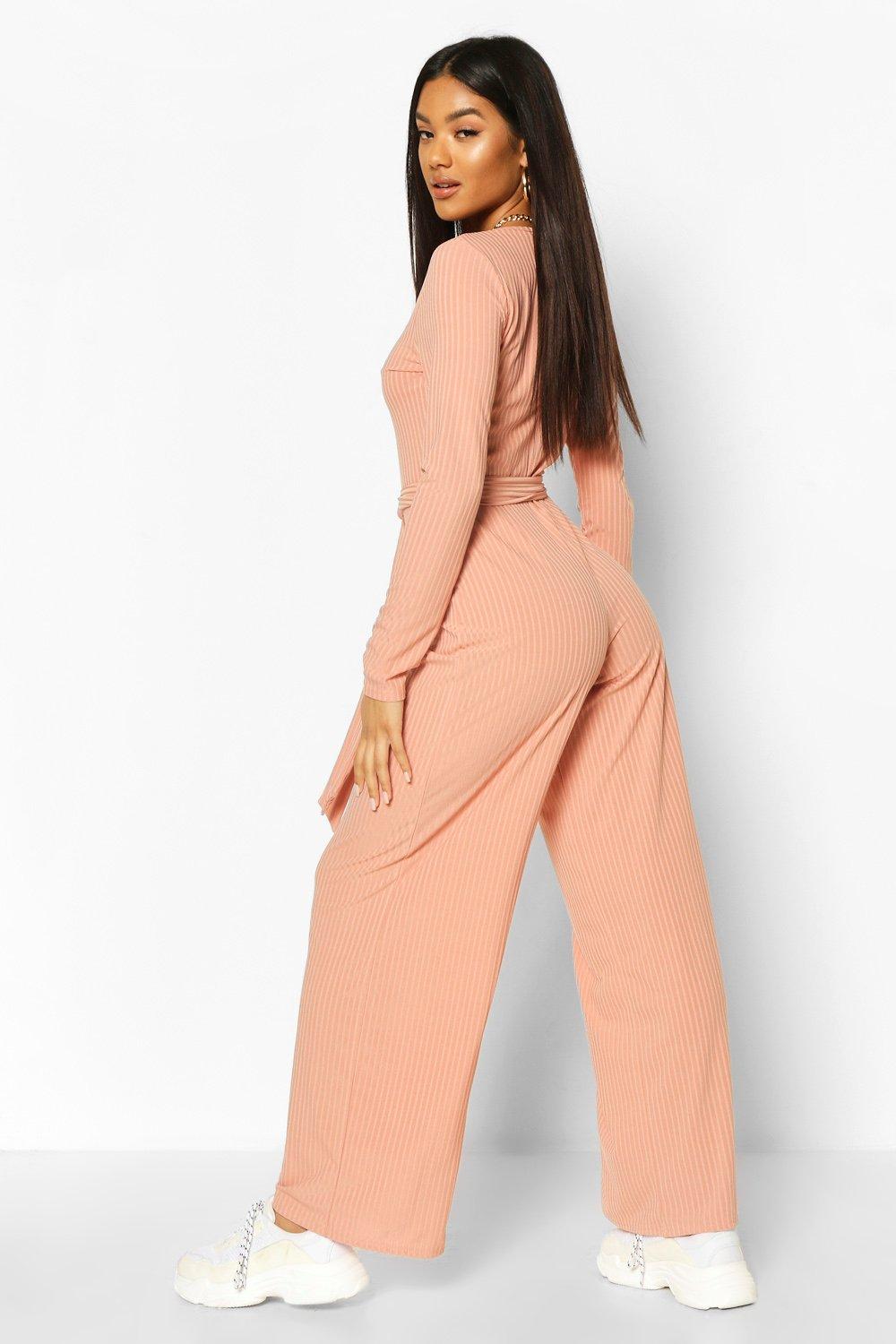 Ribbed Long Sleeve Tie Waist Jumpsuit