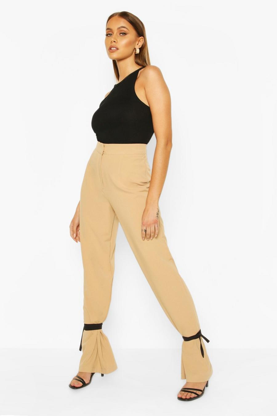 Sand Tie Ankle Contrast Slim Leg Trousers image number 1
