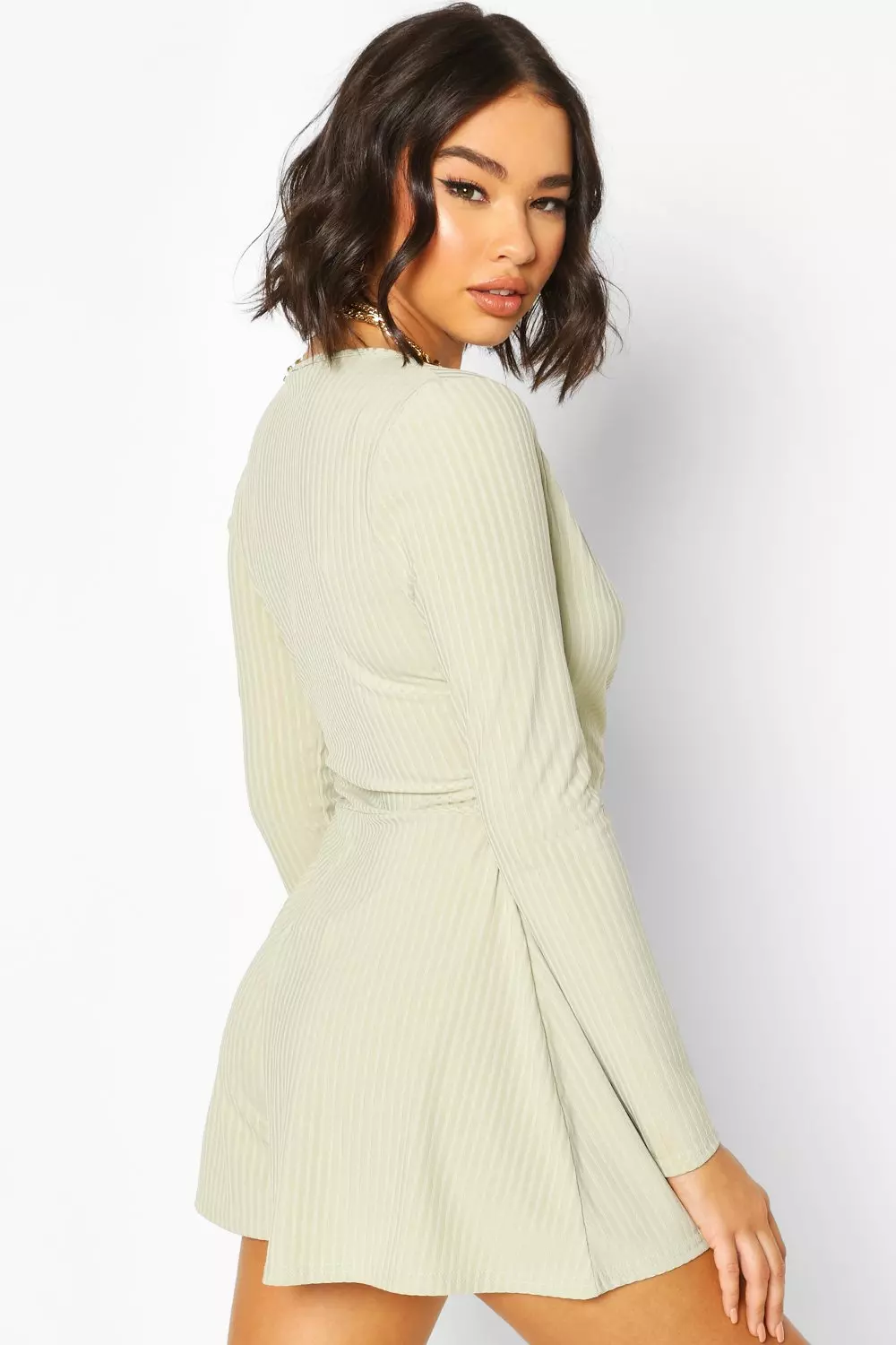 Black Ribbed Wrap Front Playsuit alternative image