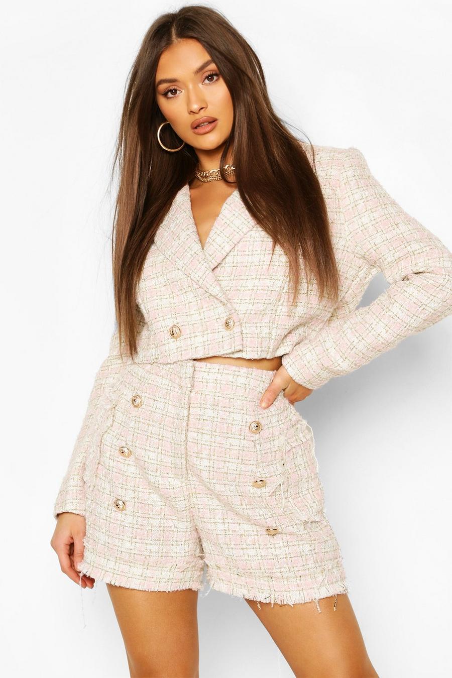 Pink Boucle Checked Gold Button Cropped Blazer image number 1
