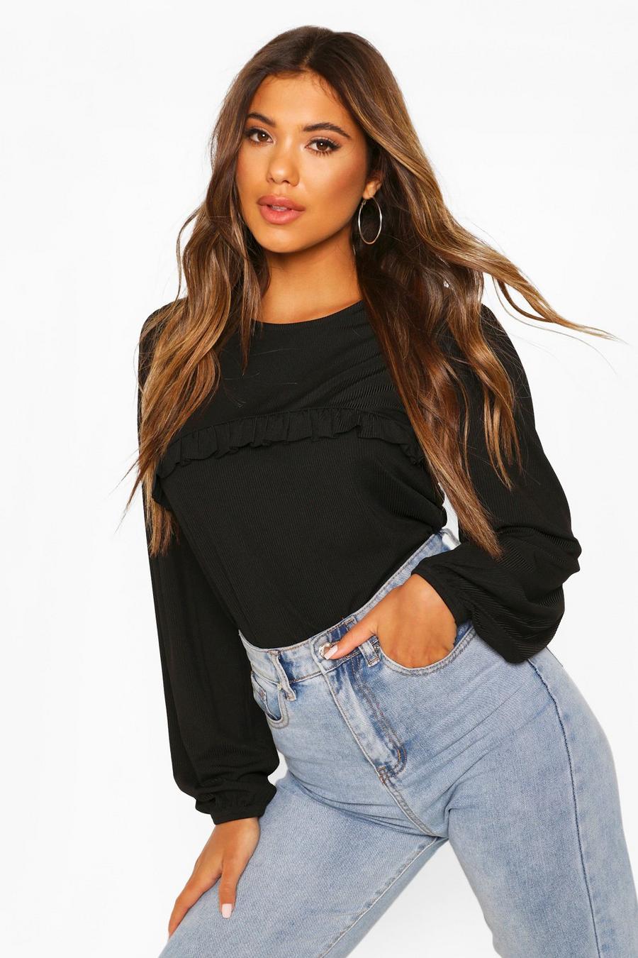 Black Puff Sleeve Ruffle Front Top image number 1