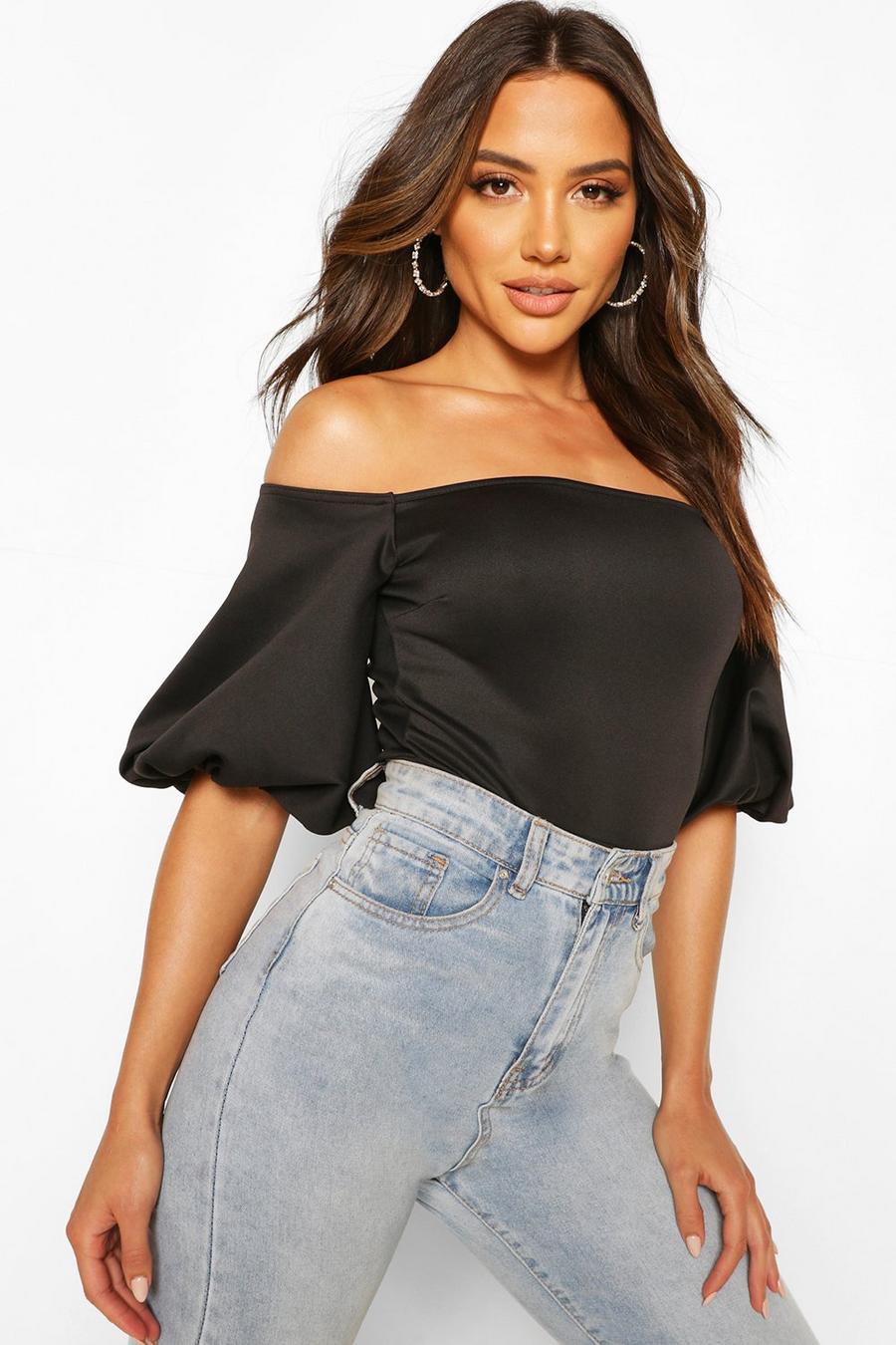 Off The Shoulder Puff Ball Sleeve Scuba Body image number 1