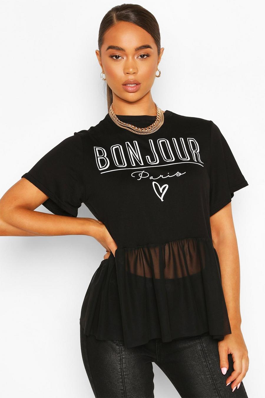 T-shirt con balza in organza e scritta Bonjour image number 1