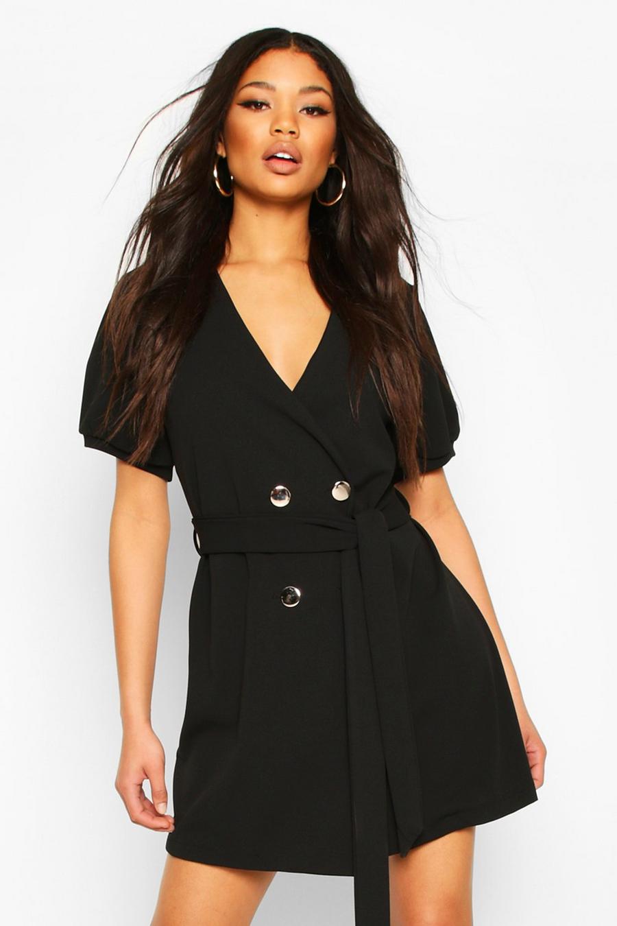 Black Puff Sleeve Belted Button Blazer Dress image number 1