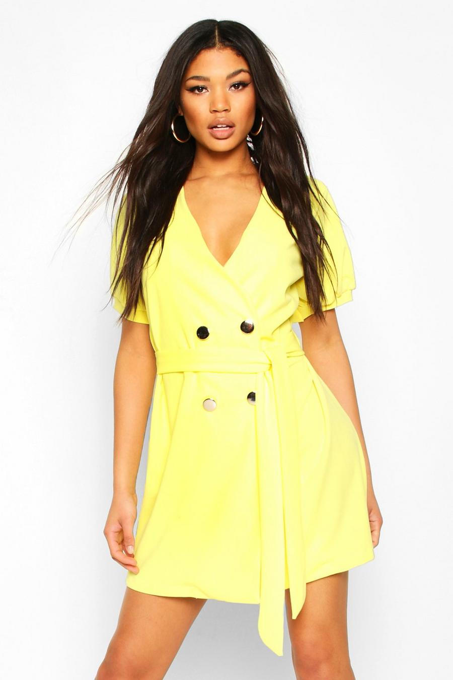 Yellow Puff Sleeve Belted Button Blazer Dress image number 1