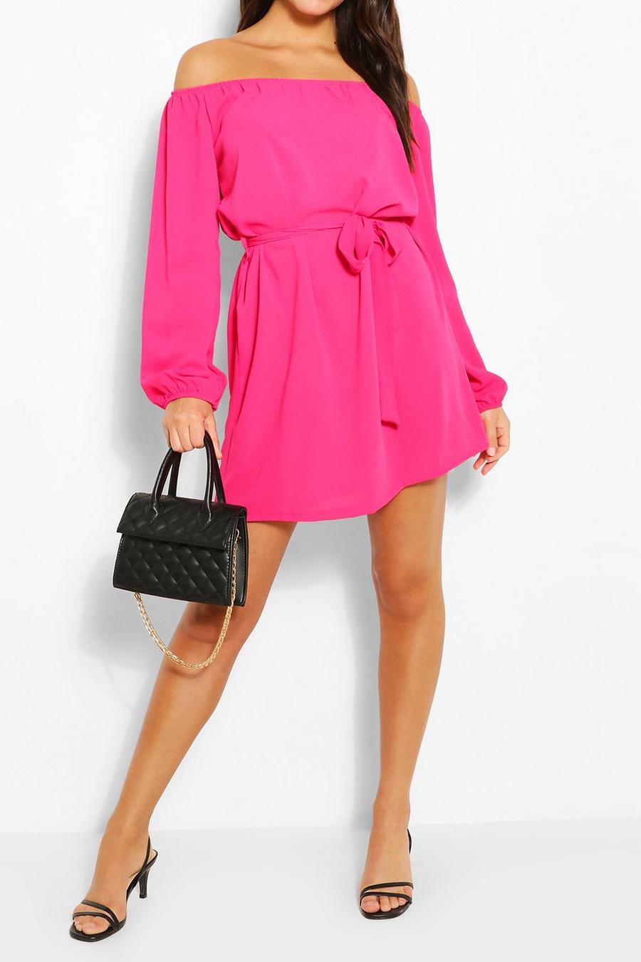 Hot pink Off Shoulder Belted Shift Dress image number 1