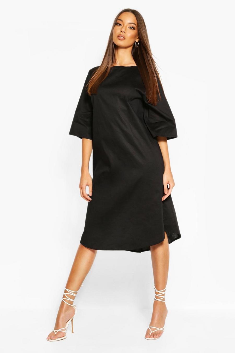 Black Cotton Roll Sleeve Oversized Midi Dress image number 1