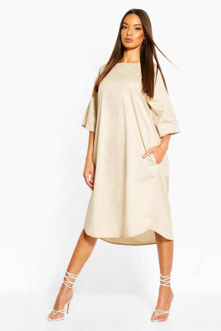 Stone Cotton Roll Sleeve Oversized Midi Dress image number 1