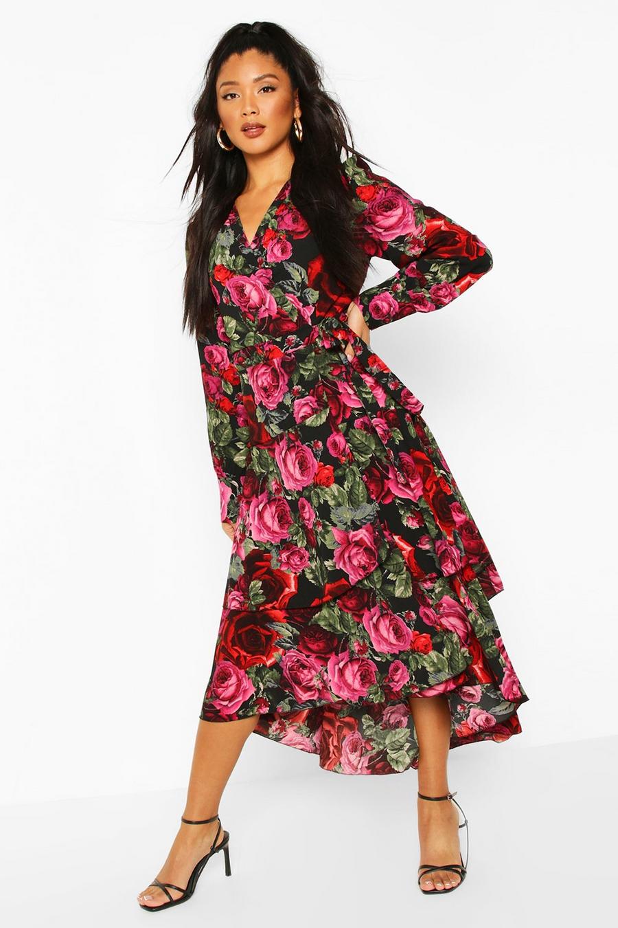 Maxi-jurk met lange mouwen en rozenprint in wikkelstijl image number 1