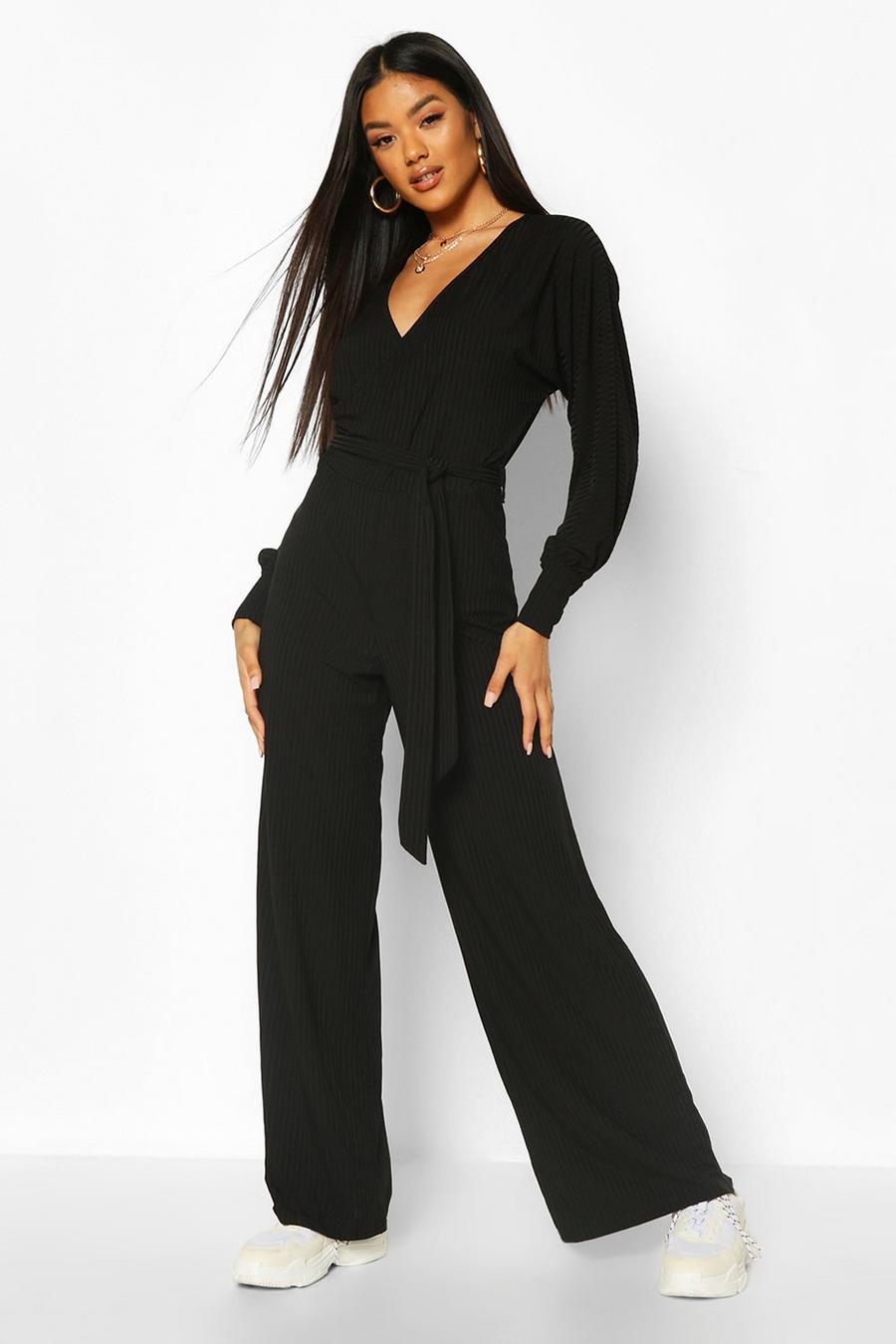 Ribbad jumpsuit med omlottliv och vida ben image number 1