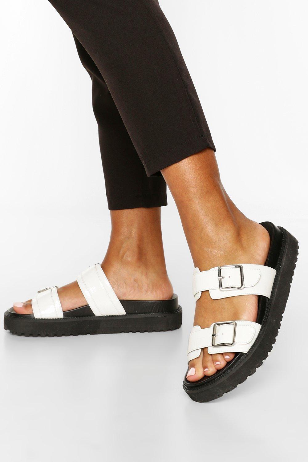 Double Strap Chunky Footbed Sliders | Boohoo UK