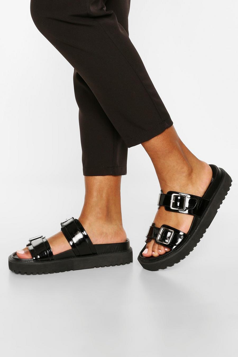 Black Double Strap Chunky Footbed Sliders image number 1
