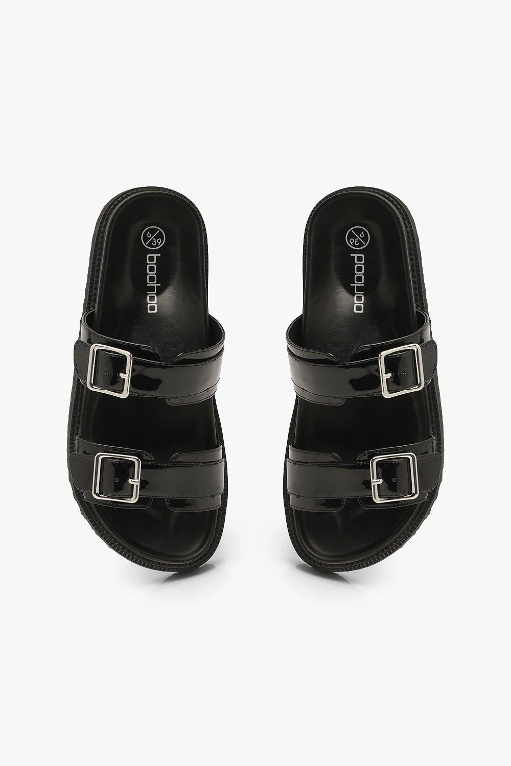 Double Strap Chunky Footbed Sliders Boohoo UK